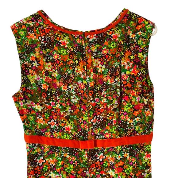 Vintage 60s Floral Orange Green Brown Empire Waist Midi Dress Velvet Ribbon - Picture 5 of 8